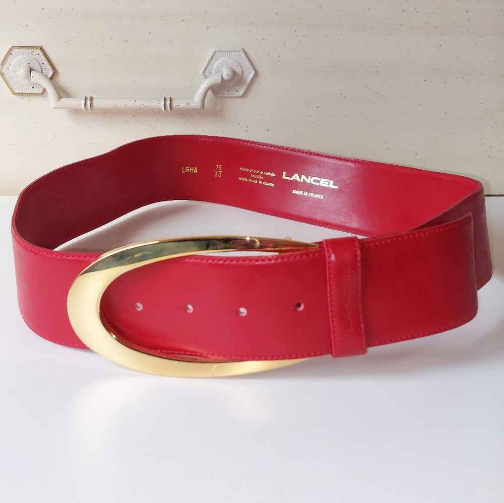Lancel red leather FRANCE wide belt with decorative gold tone statement buckle